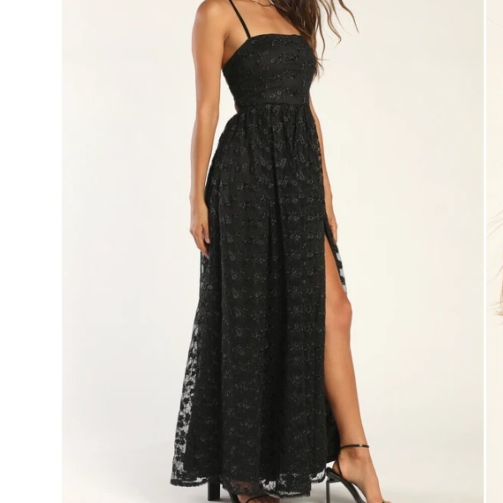 Lulus- Pursuing Elegance Black Floral Embroidered Lace-Up Maxi Dress NWT